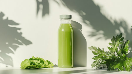 Bottle of milk with chamomile and straw hat on green grassの写真素材