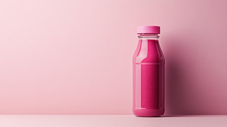 Bottle of pink smoothie on pink background, 3d renderの写真素材