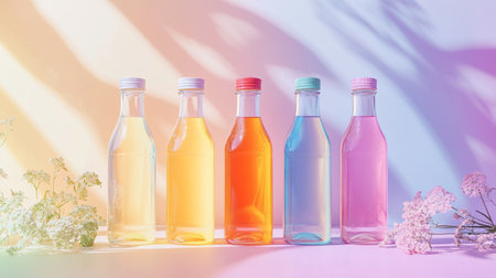 Bottles on colorful background.の写真素材
