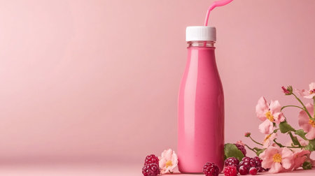 Pink plastic bottle with a straw and berries on a pink background.の写真素材
