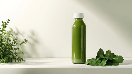 Mockup of bottle of green smoothie with basil on white tableの写真素材