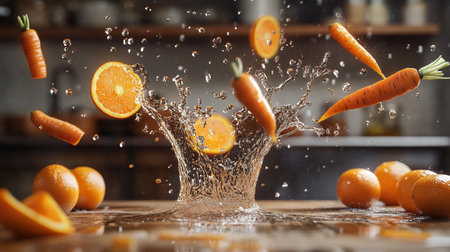 Fresh orange fruit falling into water with splash on wooden tableの写真素材