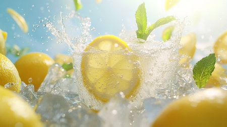 Lemon and mint in water splash on blue background, closeupの写真素材
