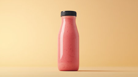 Pink smoothie in a bottle on a yellow background with copy spaceの写真素材