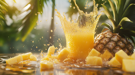 Fresh juice with splashes and drops, close-upの写真素材