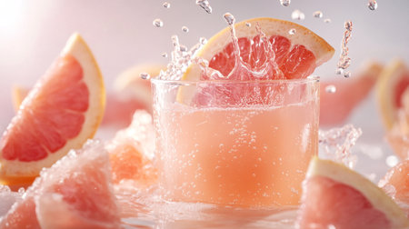 Grapefruit juice with ice and splashes on a light backgroundの写真素材