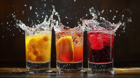 Colorful fruit splashes in glasses with water on a dark backgroundの写真素材