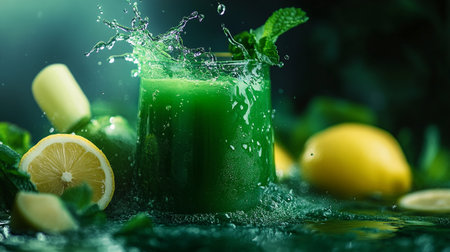 Green smoothie in glass with splashes of water, lemon and mint on green backgroundの写真素材