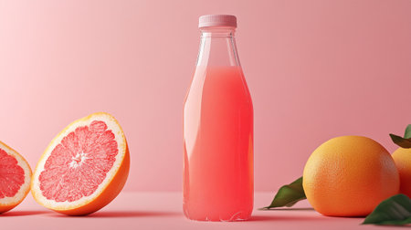 Bottle of fresh grapefruit juice on color background, closeupの写真素材