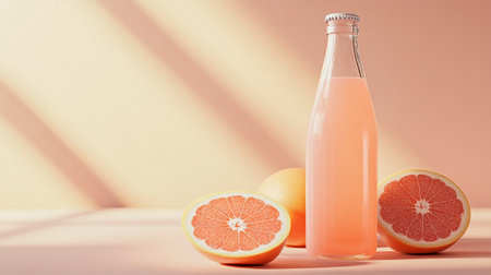 Bottle of grapefruit juice and fresh grapefruits on color backgroundの写真素材