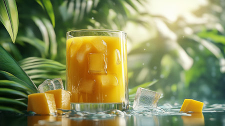 Fresh mango juice in glass with ice cubes on green palm leaves backgroundの写真素材