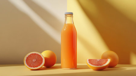 Bottle of grapefruit juice and fresh fruits on yellow and orange backgroundの写真素材