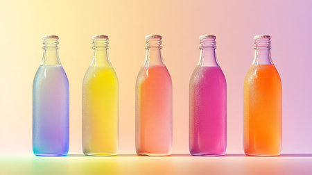 Bottles with different colored drinks on colorful background. 3d illustrationの写真素材