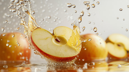 Falling apples with water splash on grey background, close-upの写真素材