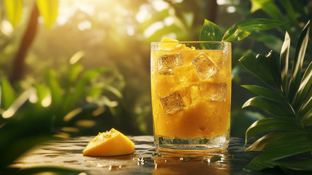 Mango smoothie with ice in glass on table in tropical gardenの写真素材