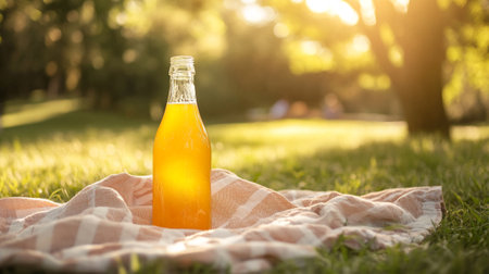 Bottle of orange juice on a plaid in the park.の写真素材