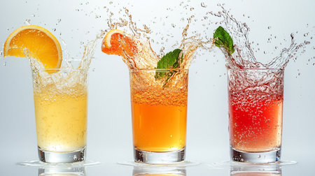 Colorful drinks with splashes on a white background. Cocktails with orange, lemon and mintの写真素材