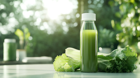 Bottle of fresh vegetable juice on table in kitchen, closeupの写真素材