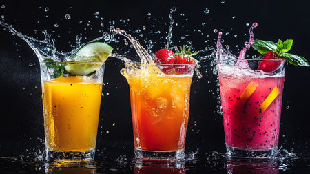 Variety of fresh fruit juices in glasses with splashes on black backgroundの写真素材