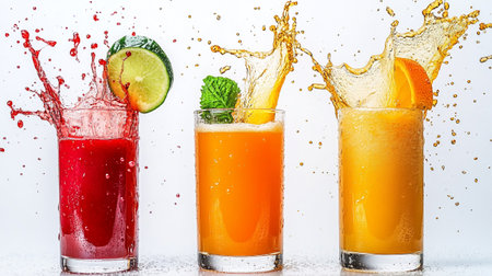 Fruit juices splashing into glass with splashes, isolated on whiteの写真素材