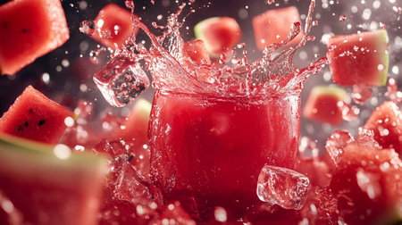 Watermelon splashing into glass with ice cubes on black background.の素材