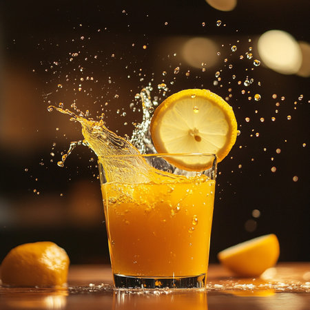 Glass of fresh orange juice with splashes and slice of lemon on dark backgroundの写真素材