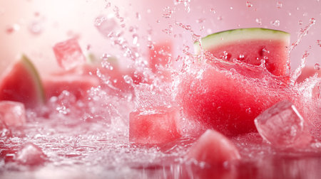Watermelon splashes with water drops on a pink background, close upの写真素材