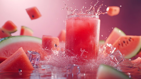 watermelon juice splashing into water with ice cubes on pink backgroundの写真素材
