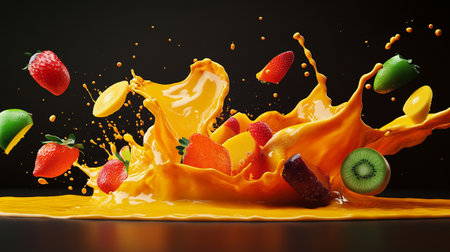 Fruit juice splash on black background. 3d rendering, 3d illustration.の写真素材