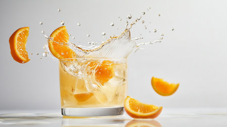 Orange juice splash in glass with ice cubes and orange slices on white backgroundの写真素材