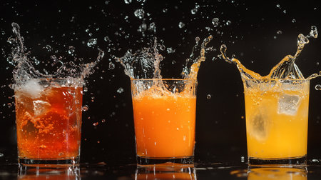 Orange juice splash in a glass with ice cubes on a black backgroundの写真素材
