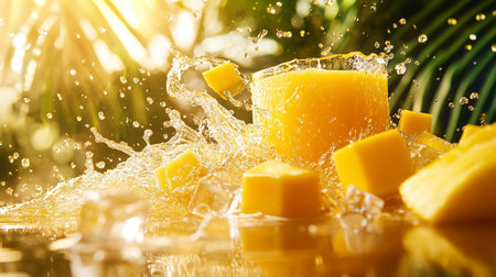 Mango juice splashing out of a glass on a tropical backgroundの写真素材