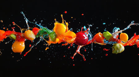 Colorful fruits splashing out of the water on a black backgroundの写真素材
