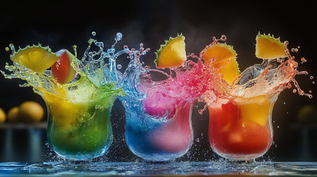 Colorful fruit splashing in a glass of water on black backgroundの写真素材