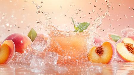 Peach juice splash with ice cubes and fresh fruits on colorful backgroundの写真素材