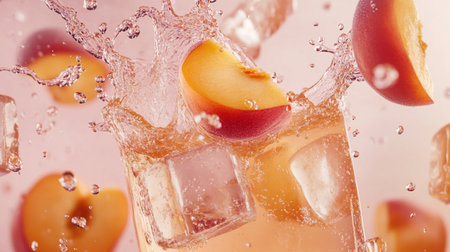 Peach juice with ice cubes and splashes, close-upの写真素材