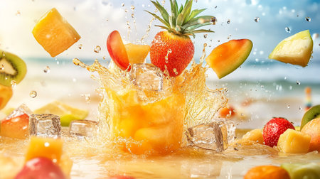 Fruit splashing into glass with ice cubes on tropical beach backgroundの写真素材