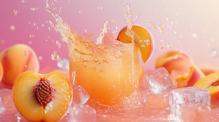 Peach juice splashing into glass with ice cubes on pink backgroundの写真素材