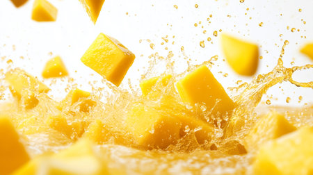 Mango cubes with water splash on white background, extreme closeupの写真素材