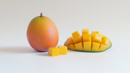 Mango and mango slices on a white background. Tropical fruit.の写真素材