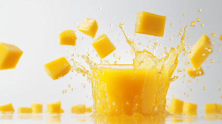 Glass of fresh mango juice with falling pieces of mango on white backgroundの写真素材