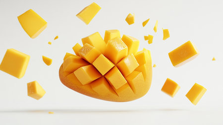 Mango fruit explosion isolated on white background. 3d illustration.の写真素材