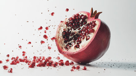 Ripe pomegranate on a white background with splashesの写真素材