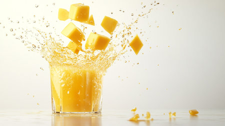 Glass of fresh orange juice with ice cubes and splashes on white backgroundの写真素材