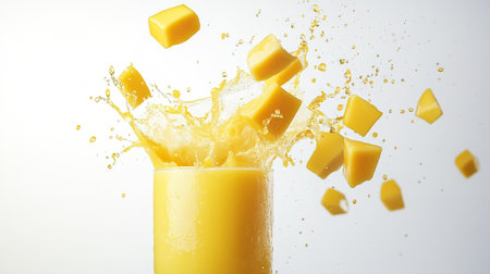 Splash of orange juice in glass with cubes on white backgroundの写真素材