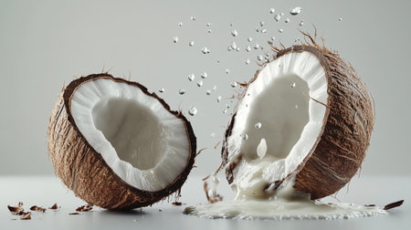 Coconut with splashes of milk on a gray background.の写真素材