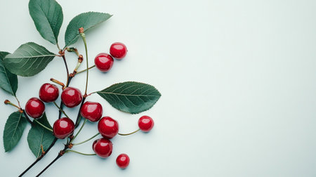 Ripe red cherries with green leaves on a light blue background.の写真素材