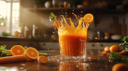 Glass of fresh carrot juice with splashes on wooden table in kitchenの写真素材