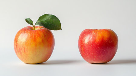 Two red apples with green leaf on white background. Healthy eating concept.の写真素材