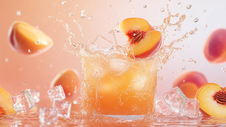 Fresh peach juice with splashes and ice cubes on a pink backgroundの写真素材